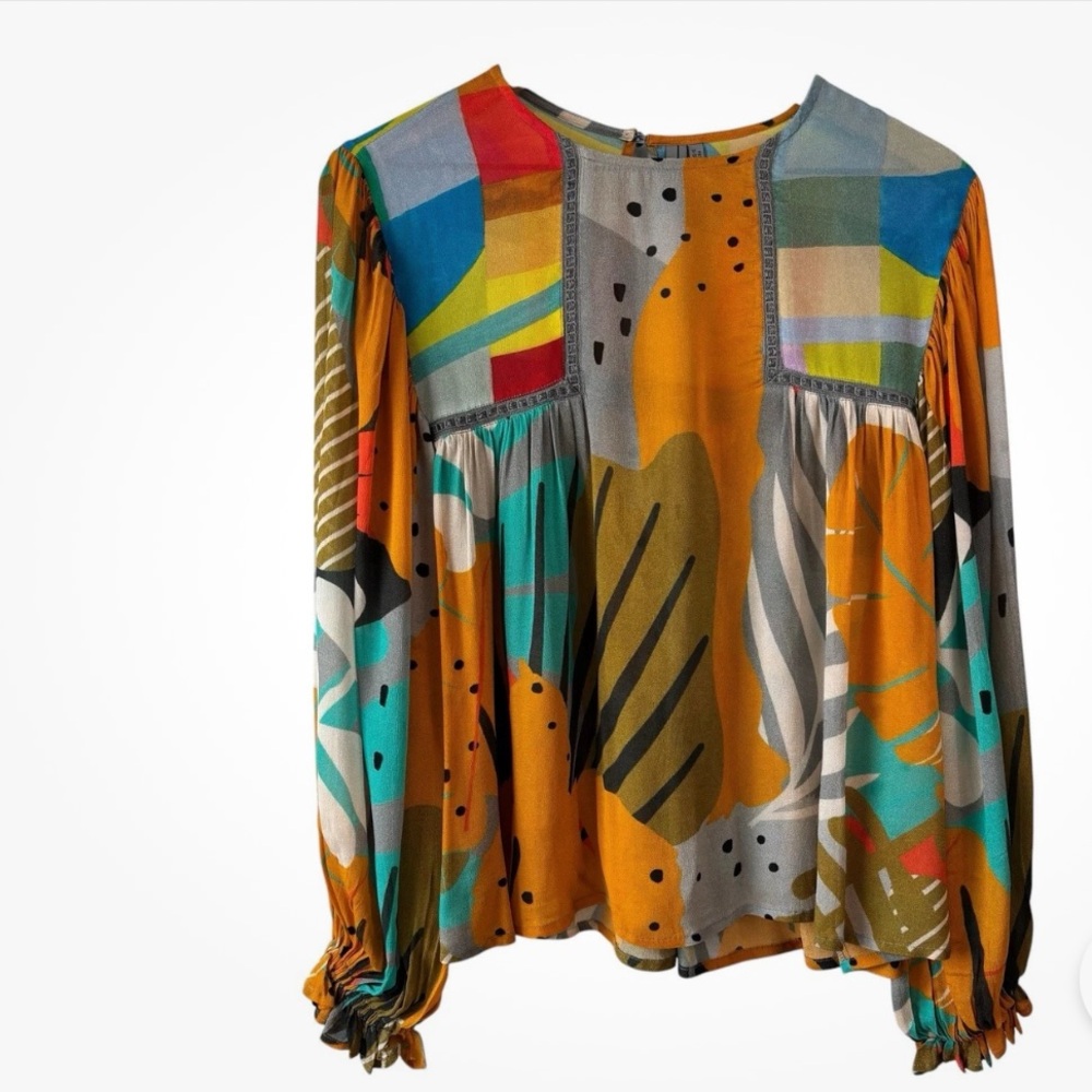 BL^NK London Anthropologie Miranda Abstract Blouse XS Balloon Sleeve Oversized